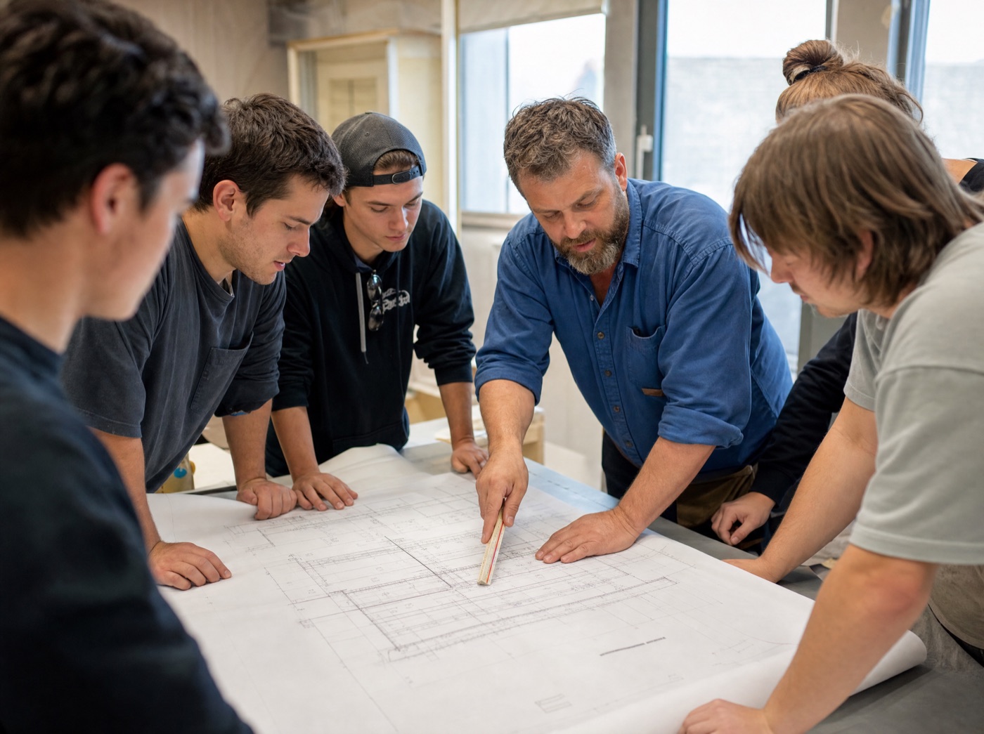 Instructor pointing out a detail on architectural plans to trade students