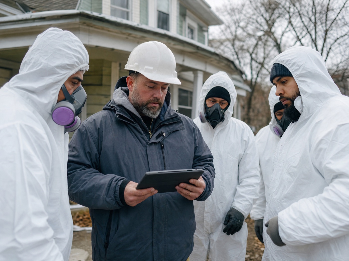 Lead abatement supervisor briefing a protective-suited crew with a containment plan
