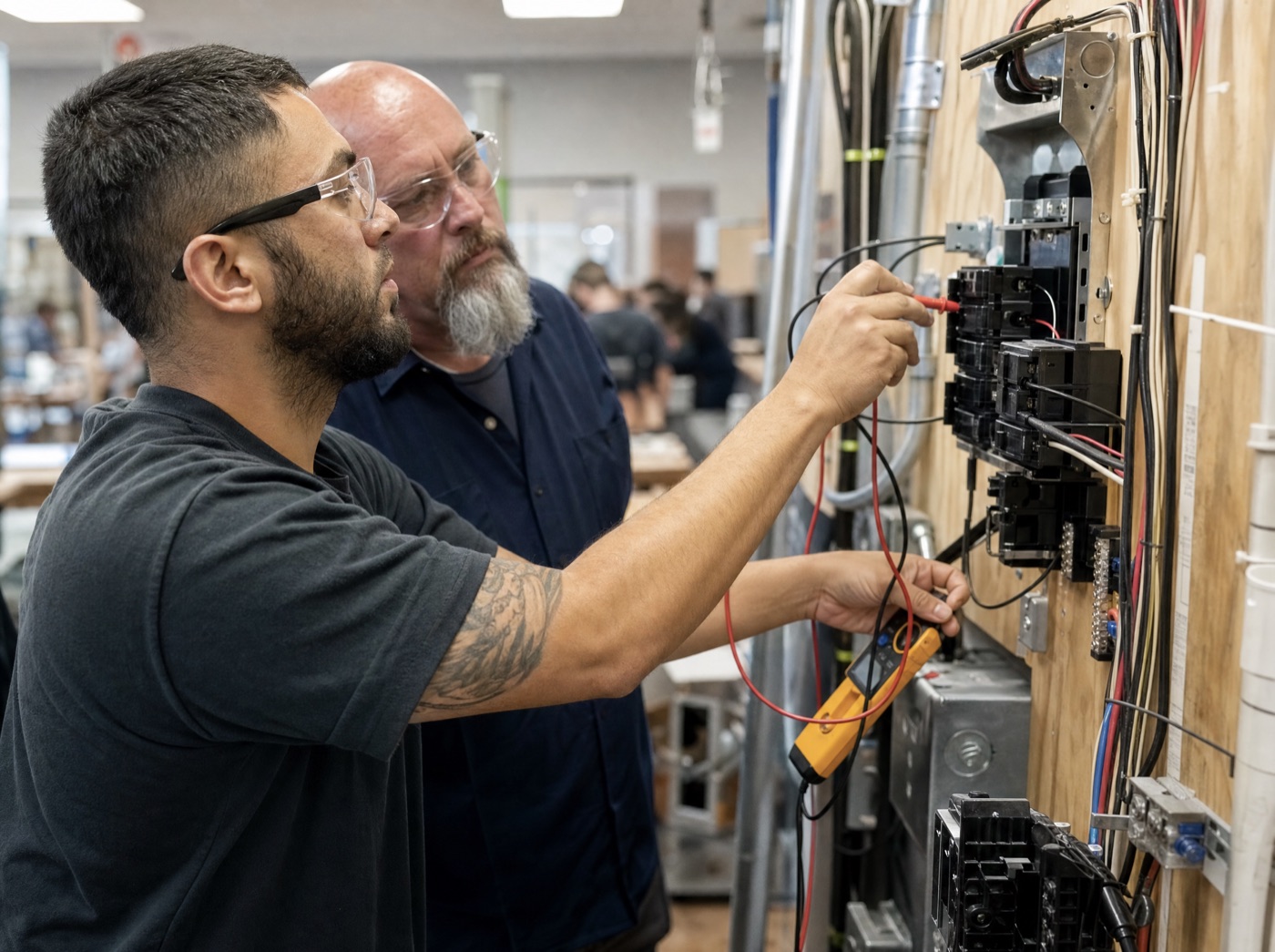 Student wiring an electrical panel training board with a multimeter as an instructor observes