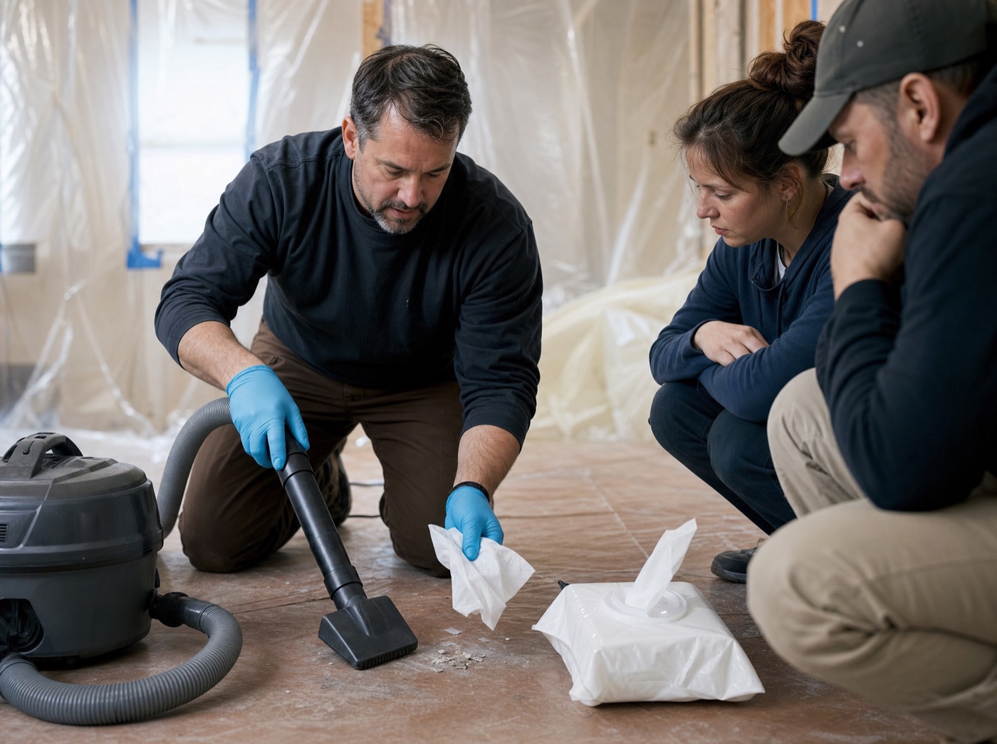Instructor demonstrating lead-safe HEPA dust cleanup to renovation students