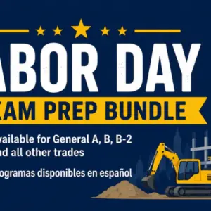 Labor Day 2026 Contractor License Exam Prep Bundle promotion for General A, B, B-2, all other trades, and Spanish programs.